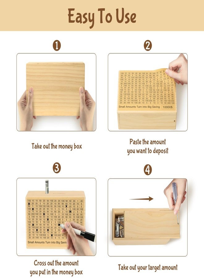 Bemaystar Money-Saving-Box: Natural Wood Savings Box, Large Savings Challenge Box with 8 Pre-Printed Targets and 2 Blank Targets $500 to $10000, Piggy-Bank for Kids Adults - Image 3